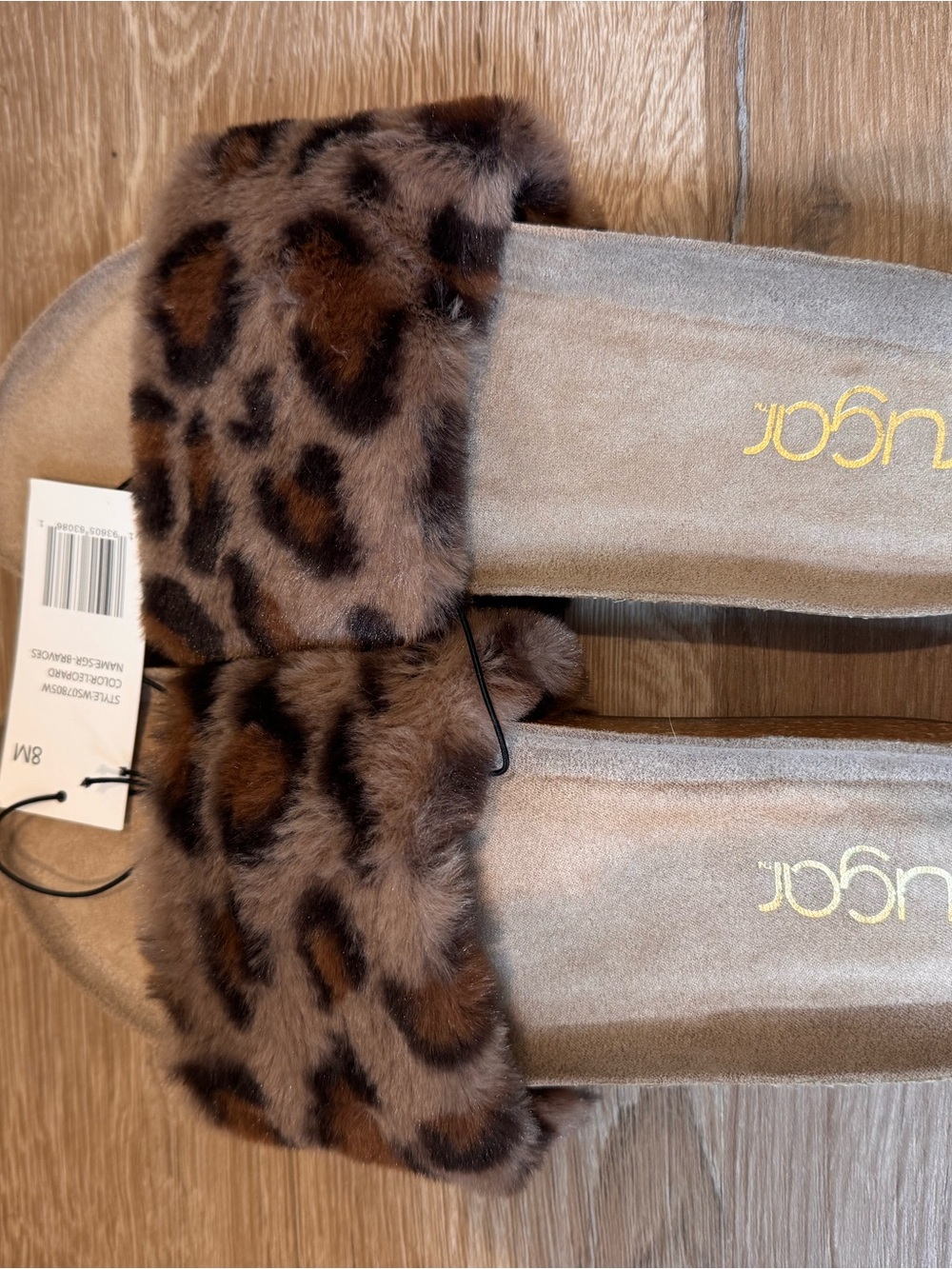Sugar Leopard Print Faux Fur Slide Sandals in Brown